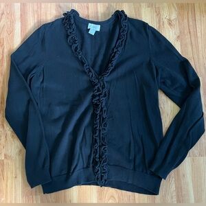 Black Ruffled V-Neck Cardigan